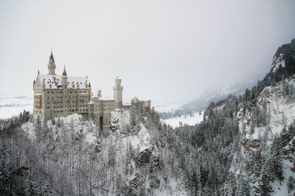 Neuschwanstein Castle in winter, on top of the mountain, surrounded by trees and covered in snow.