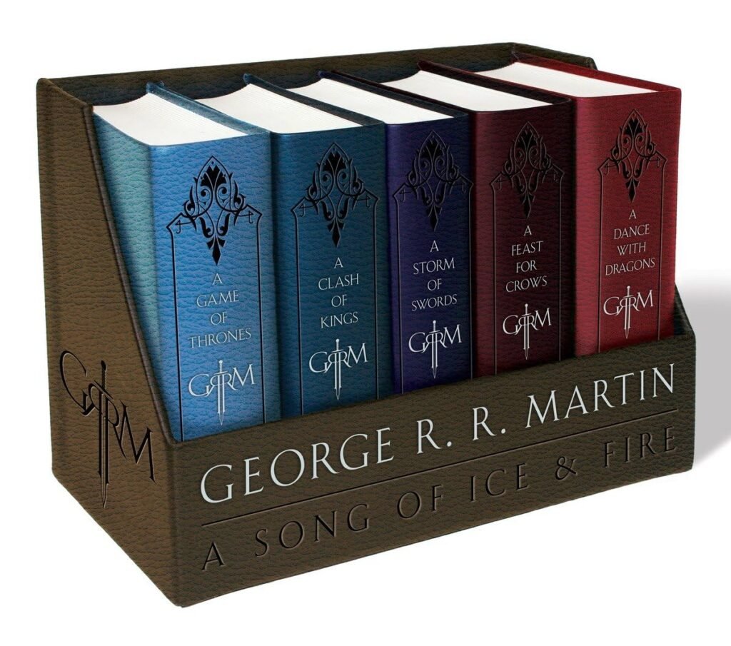 George R R Martin's Books. A gorgeous boxed set featuring conveniently sized leather-cloth-bound editions of the first five novels!