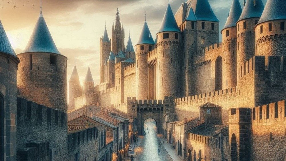 Medieval cities. The Cité in Carcassone, France, the highlight of the city, with its imposing walls, watchtowers and narrow cobbled streets.