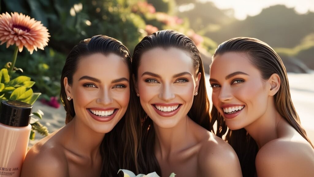 Travel hair products. A group of women smiling for a picture.