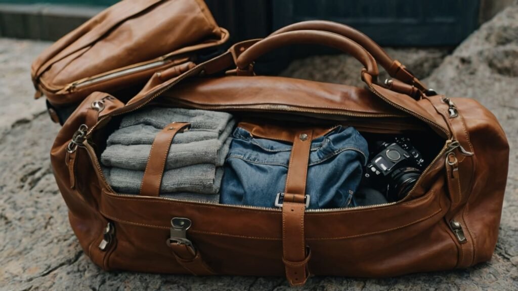 A brown bag with clothes and a camera