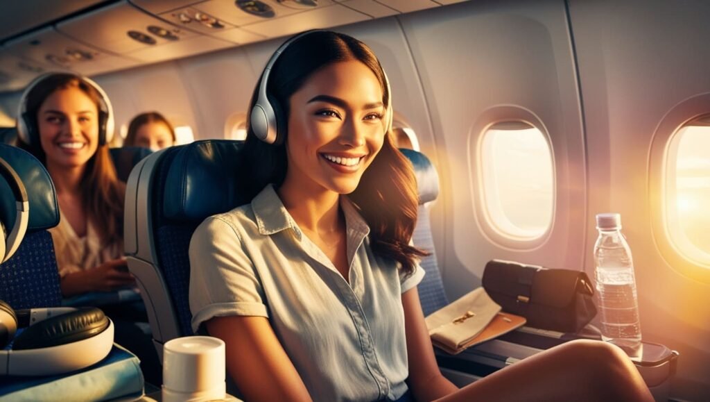 Travel acessories for long flights. Women smiling in the airplane with travel acessories around her.