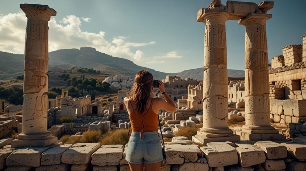 The photo is related to traveling on a budget and has a woman in shorts and tank top taking photo of Greek ruins in the late afternoon.