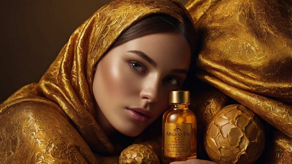 Beautiful woman with a headscarf and a glass of argan oil