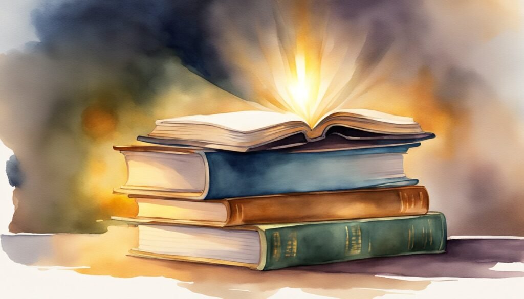 A stack of books surrounded by a warm glow, with a beam of light shining down on them, symbolizing knowledge, enlightenment and why books are important.