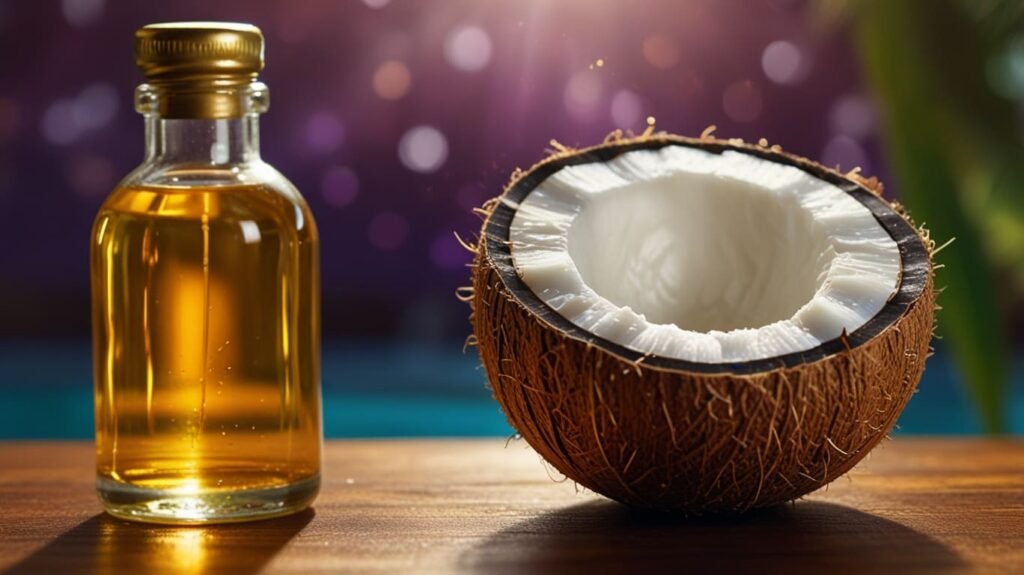 A bottle of coconut oil and a coconut