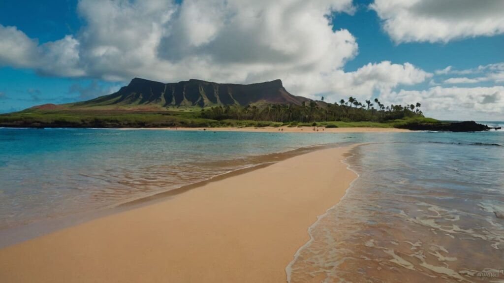 Trip to Hawaii. A beach with a mountain in the background