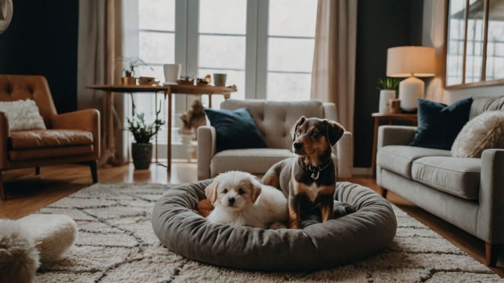 Pet paradise. Two dogs lying on a dog bed in the living room.