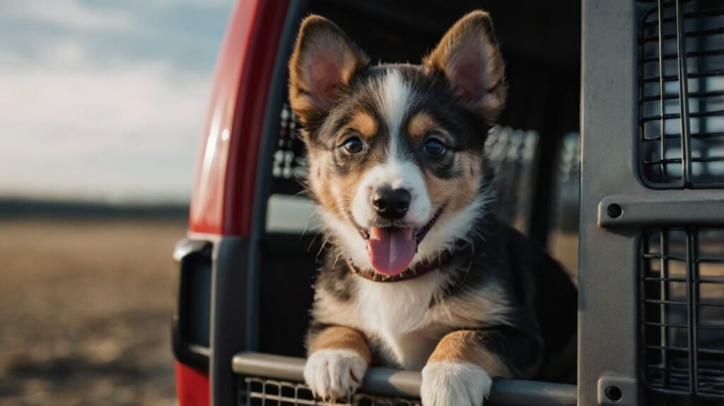 Pet transport. Cute Little puppy in a pet transport carrier.