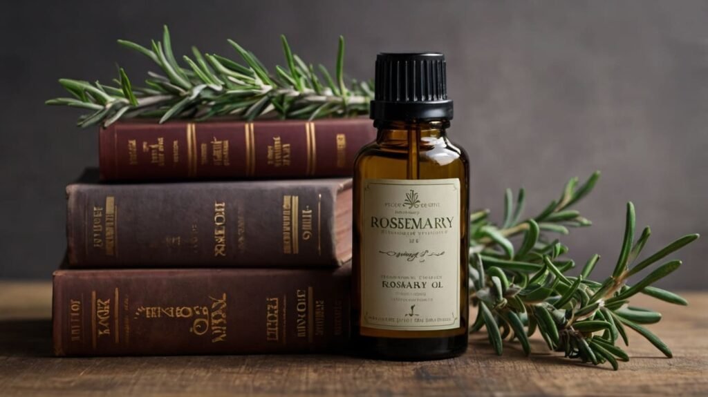 Rosemary essential oil with some books and rosemary sprigs in the background.