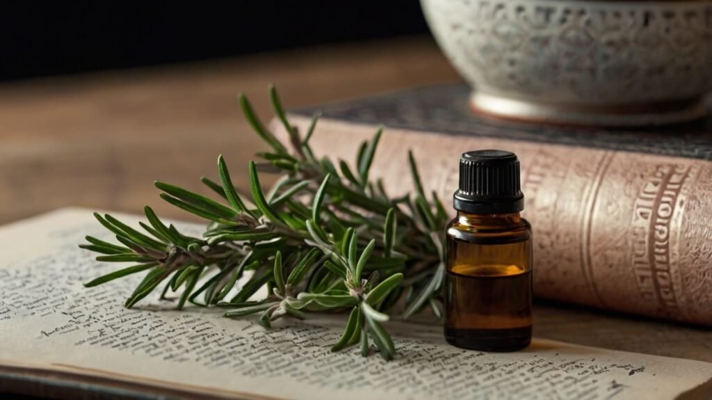 Rosemary essential oil with some rosemary sprigs in the background.