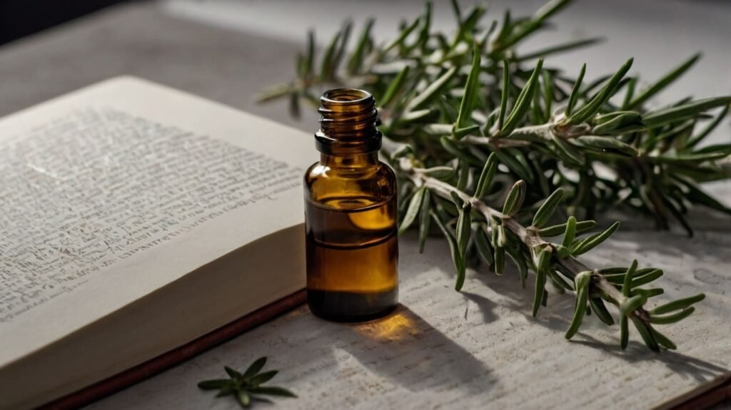 Rosemary essential oil with a book and some rosemary sprigs in the background.