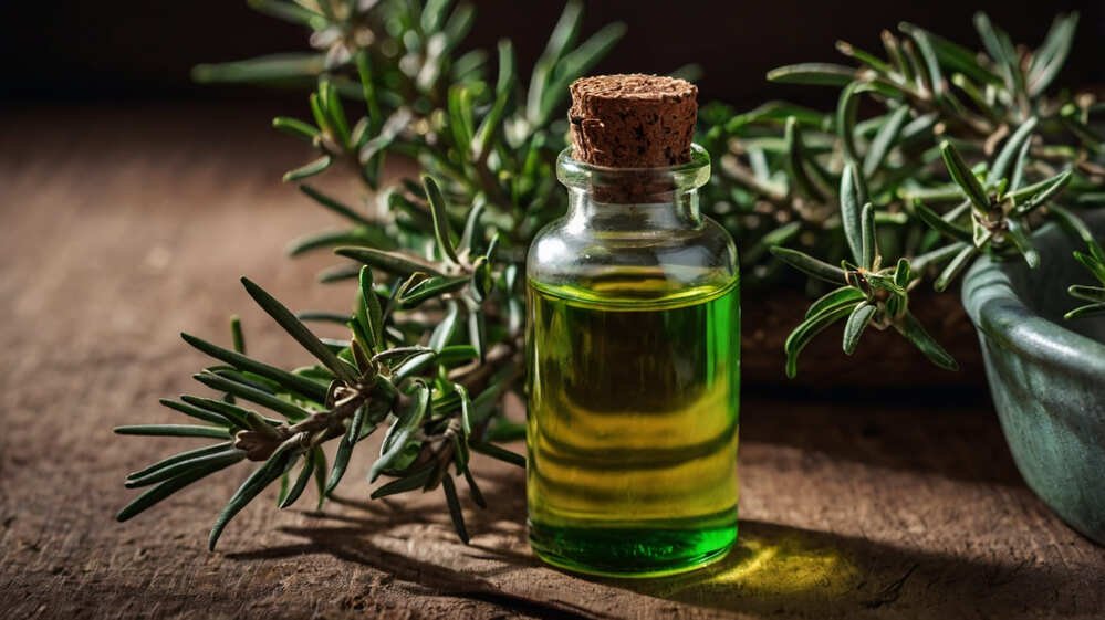 Rosemary essential oil with some rosemary sprigs in the background.