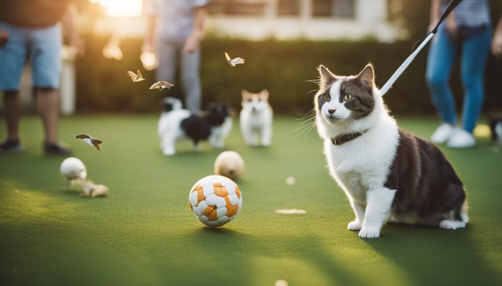 Pet club. A cat and a group of small animals playing with a ball