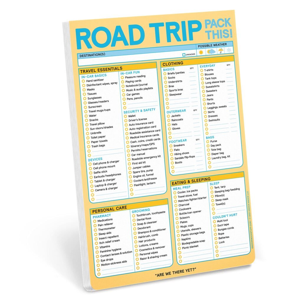 Trip checklist. A yellow and blue road trip list