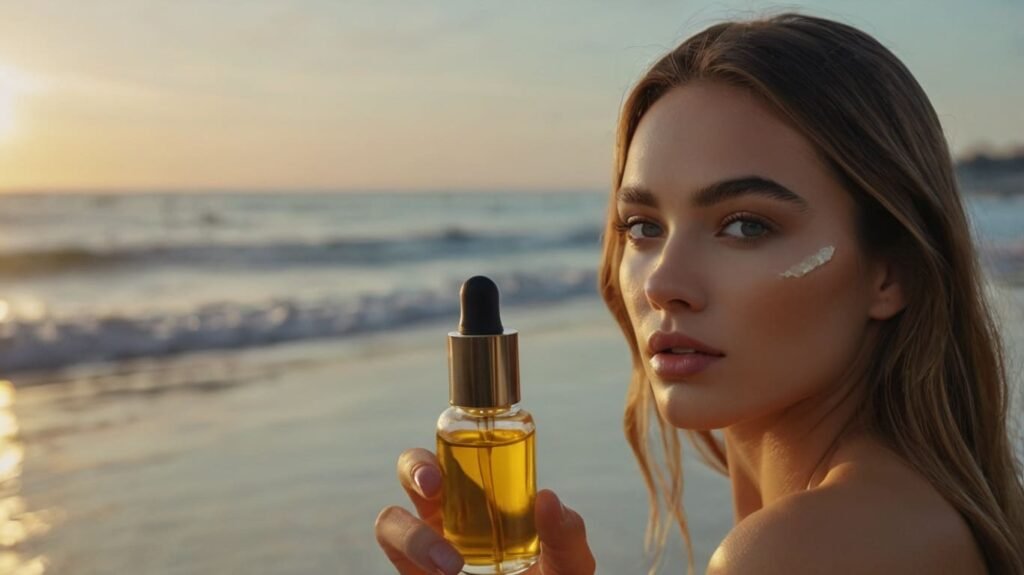 Women with jojoba oil on the beach