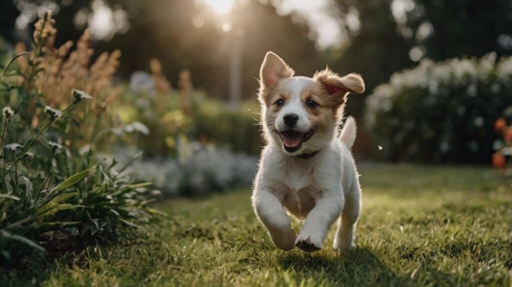 Pet portraits. Cute puppy running in the garden.