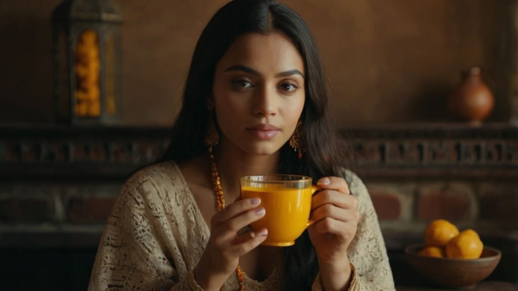 Woman drinking a Turmeric tea