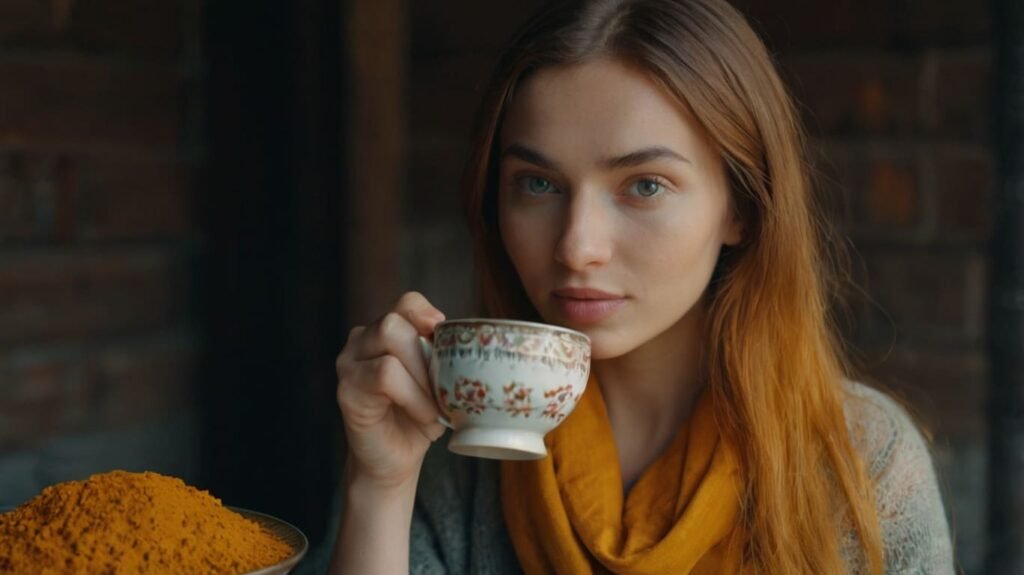 Woman drinking turmeric tea 